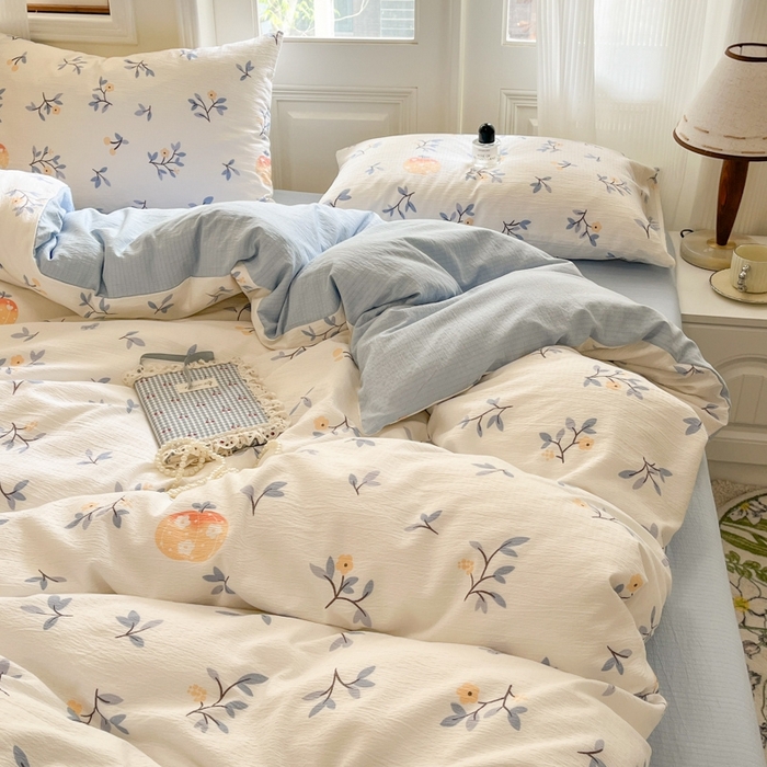 91家纺网 家纺一手货源 找家纺 海岛哥哥 2025新款高克重木棉提花双层纱四件套-风格二 恬趣-蓝