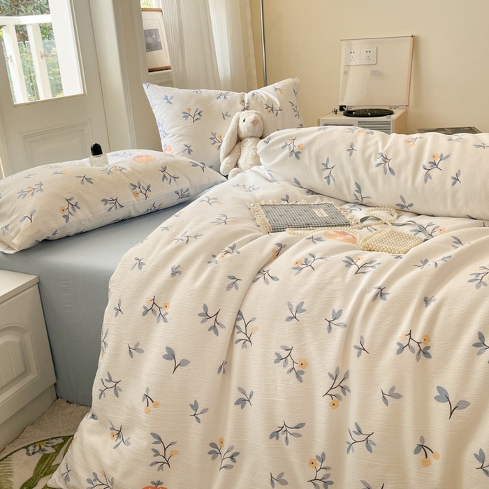 91家纺网 家纺一手货源 找家纺 海岛哥哥 2025新款高克重木棉提花双层纱四件套-风格二 恬趣-蓝