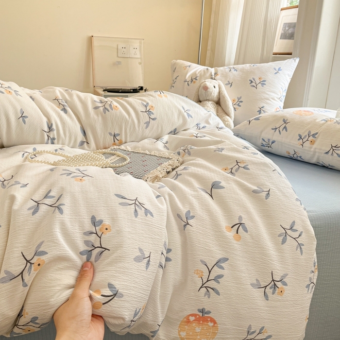 91家纺网 家纺一手货源 找家纺 海岛哥哥 2025新款高克重木棉提花双层纱四件套-风格二 恬趣-蓝