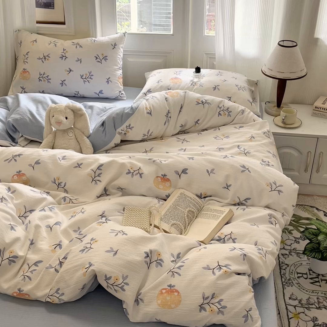 91家纺网 家纺一手货源 找家纺 海岛哥哥 2025新款高克重木棉提花双层纱四件套-风格二 恬趣-蓝