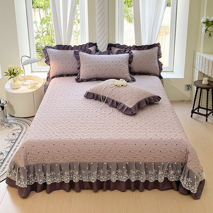 雨彤家纺 2025年新款赫本风云朵水洗棉夹棉双层花边床盖 芋艿波波-紫-赫本风