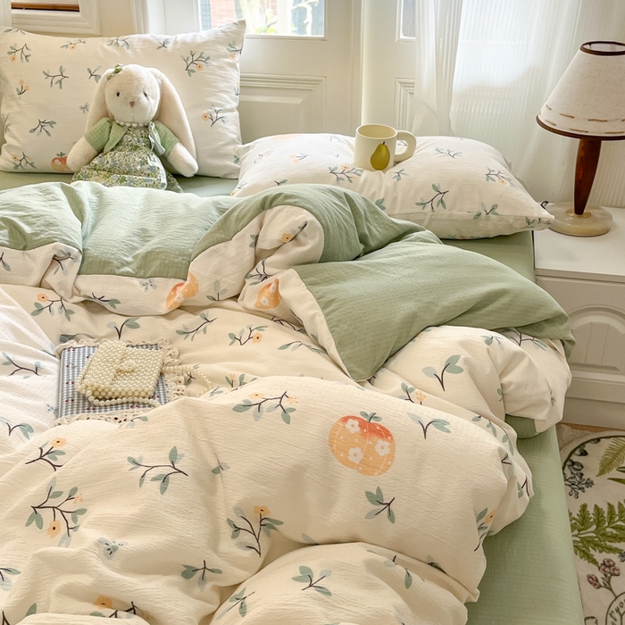 91家纺网 家纺一手货源 找家纺 海岛哥哥 2025新款高克重木棉提花双层纱四件套-风格二 恬趣-绿