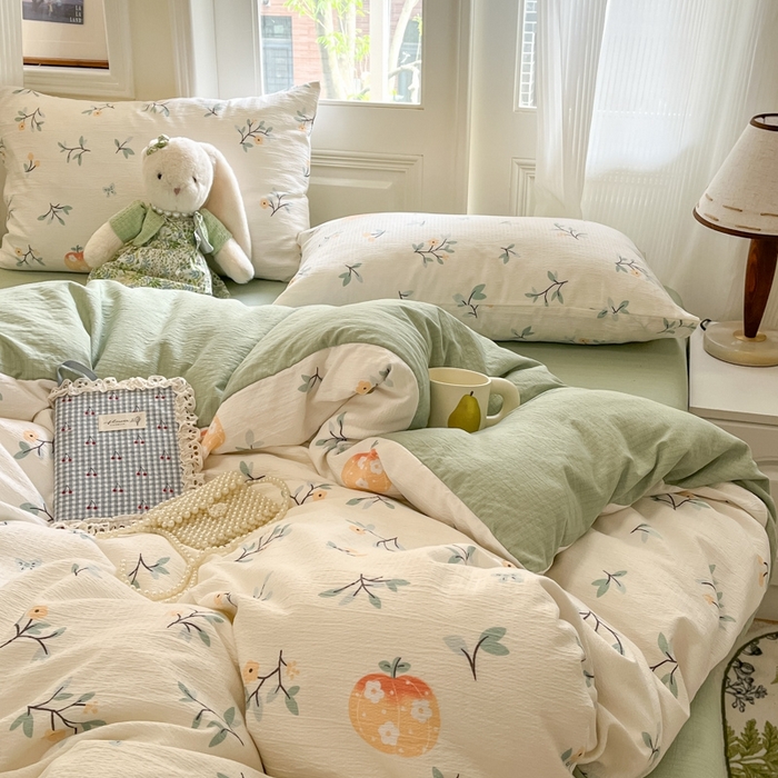 91家纺网 家纺一手货源 找家纺 海岛哥哥 2025新款高克重木棉提花双层纱四件套-风格二 恬趣-绿