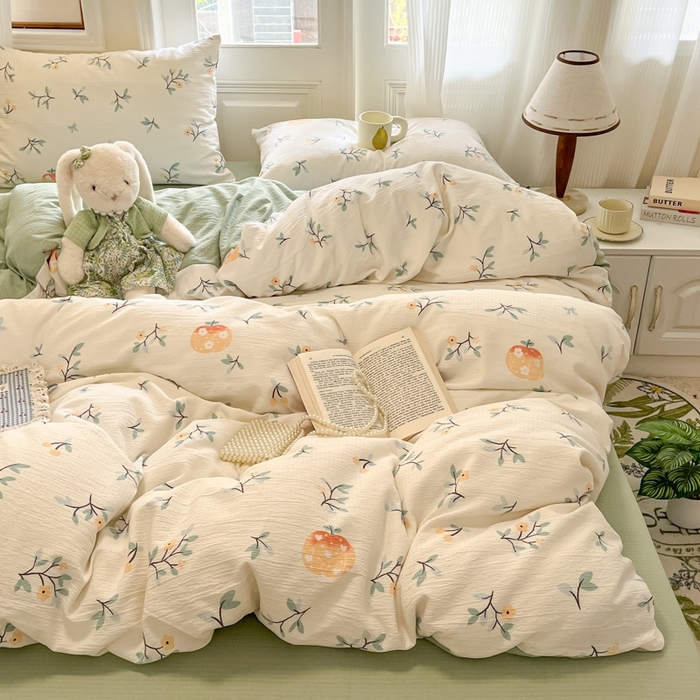 91家纺网 家纺一手货源 找家纺 海岛哥哥 2025新款高克重木棉提花双层纱四件套-风格二 恬趣-绿