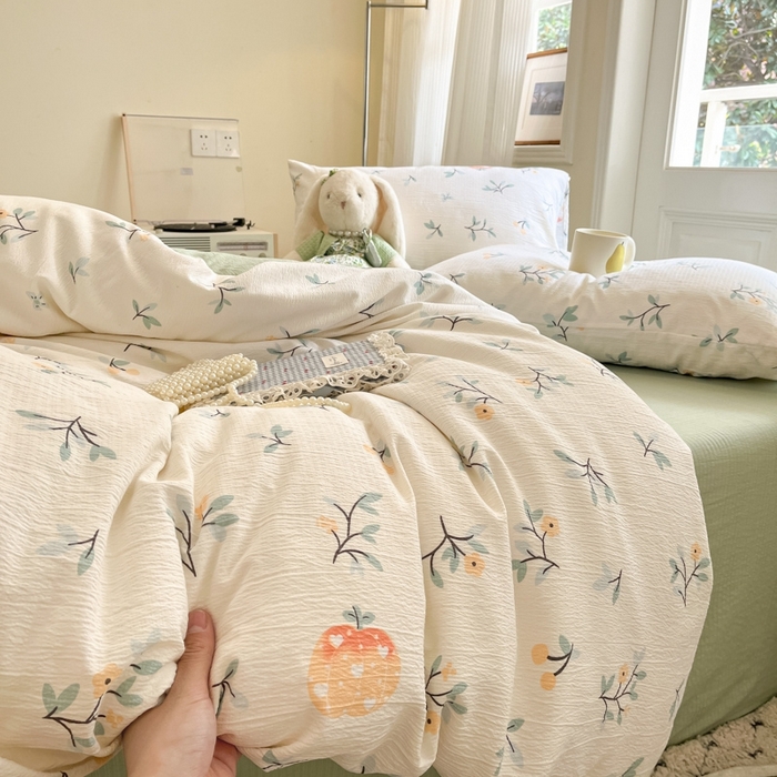 91家纺网 家纺一手货源 找家纺 海岛哥哥 2025新款高克重木棉提花双层纱四件套-风格二 恬趣-绿