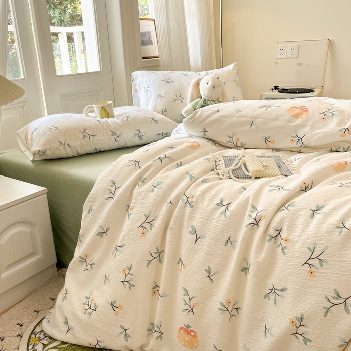 91家纺网 家纺一手货源 找家纺 海岛哥哥 2025新款高克重木棉提花双层纱四件套-风格二 恬趣-绿