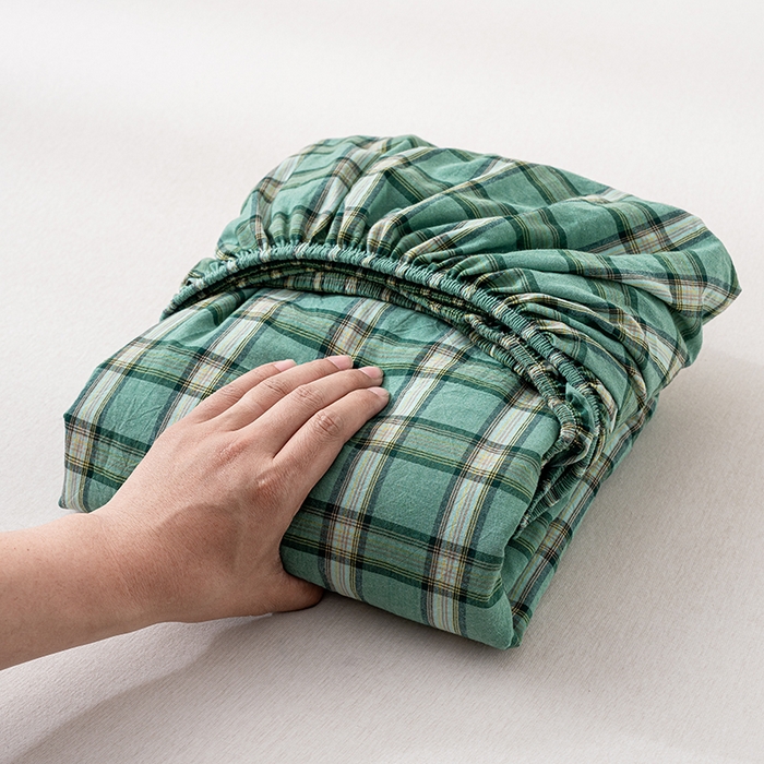 吉象家纺 2025新款全棉色织水洗棉床笠三件套 新春绿