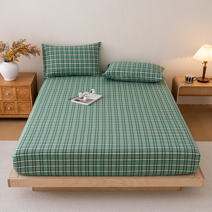 91家纺网 家纺一手货源 找家纺 吉象家纺 2025新款全棉色织水洗棉床笠三件套 新春绿