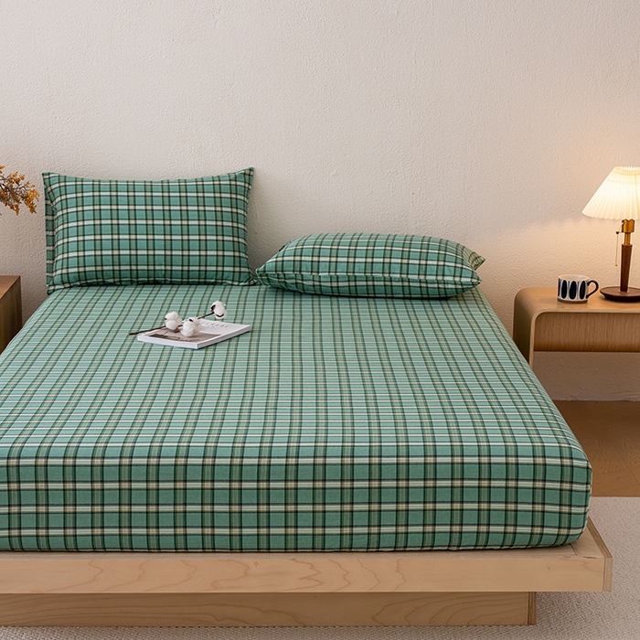 91家纺网 家纺一手货源 找家纺 吉象家纺 2025新款全棉色织水洗棉床笠三件套 新春绿