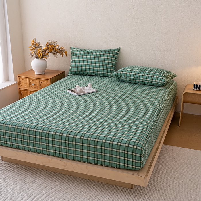 91家纺网 家纺一手货源 找家纺 吉象家纺 2025新款全棉色织水洗棉床笠三件套 新春绿