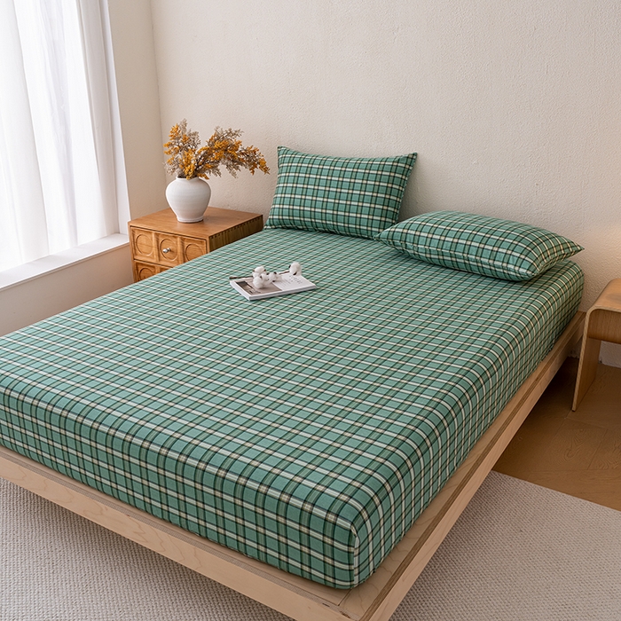 91家纺网 家纺一手货源 找家纺 吉象家纺 2025新款全棉色织水洗棉床笠三件套 新春绿