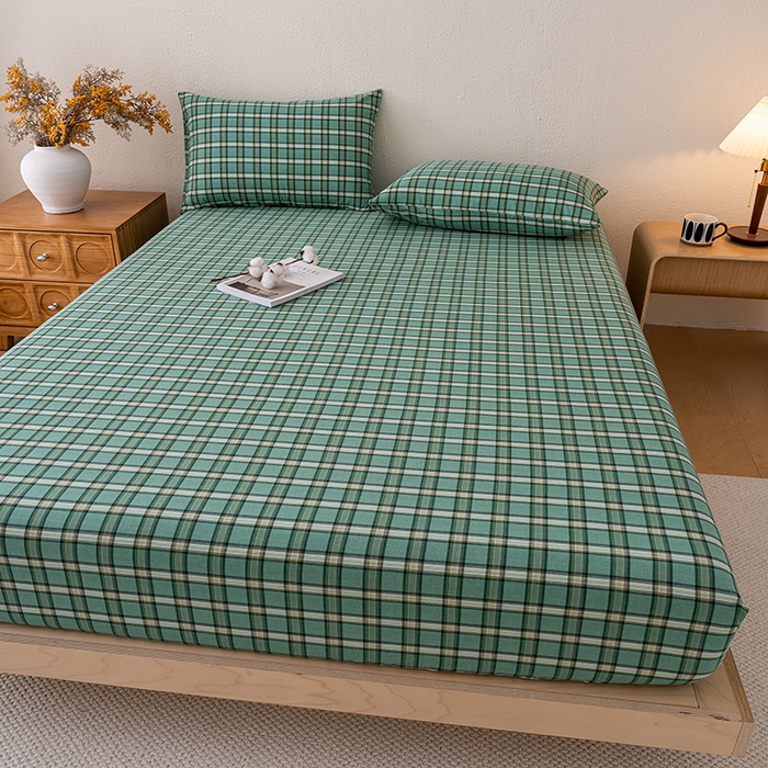 91家纺网 家纺一手货源 找家纺 吉象家纺 2025新款全棉色织水洗棉床笠三件套 新春绿