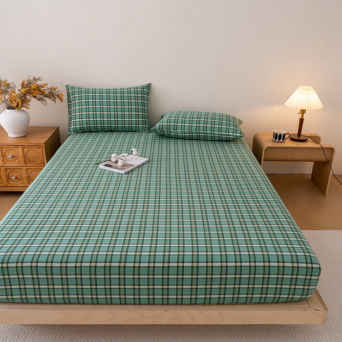 91家纺网 家纺一手货源 找家纺 吉象家纺 2025新款全棉色织水洗棉床笠三件套 新春绿