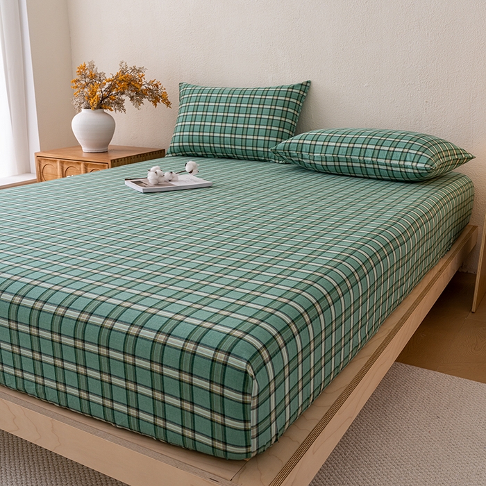 91家纺网 家纺一手货源 找家纺 吉象家纺 2025新款全棉色织水洗棉床笠三件套 新春绿