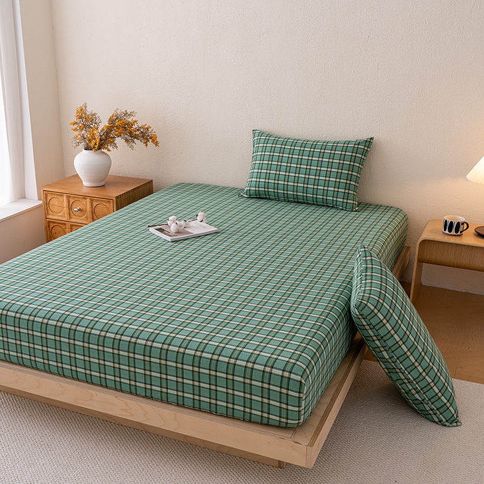 91家纺网 家纺一手货源 找家纺 吉象家纺 2025新款全棉色织水洗棉床笠三件套 新春绿