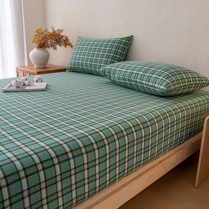 91家纺网 家纺一手货源 找家纺 吉象家纺 2025新款全棉色织水洗棉床笠三件套 新春绿