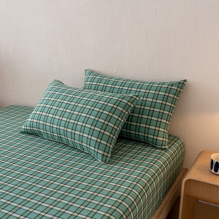 91家纺网 家纺一手货源 找家纺 吉象家纺 2025新款全棉色织水洗棉床笠三件套 新春绿