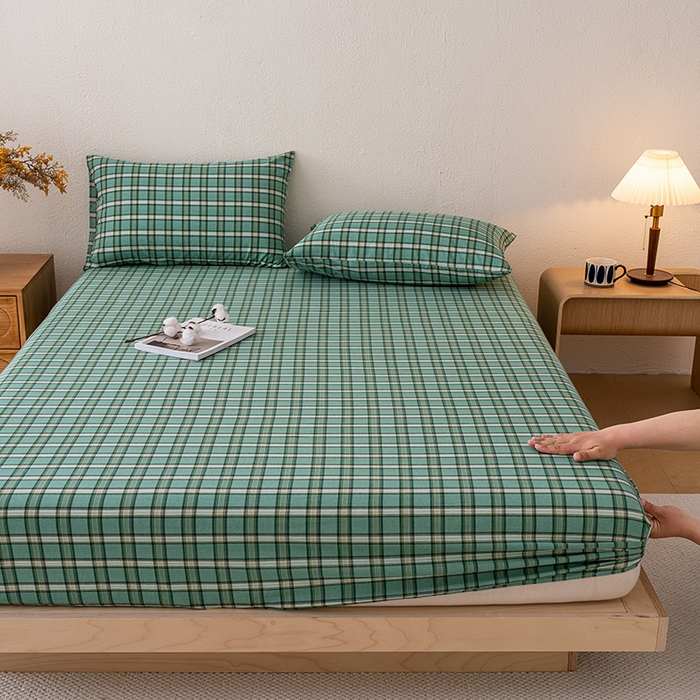 91家纺网 家纺一手货源 找家纺 吉象家纺 2025新款全棉色织水洗棉床笠三件套 新春绿