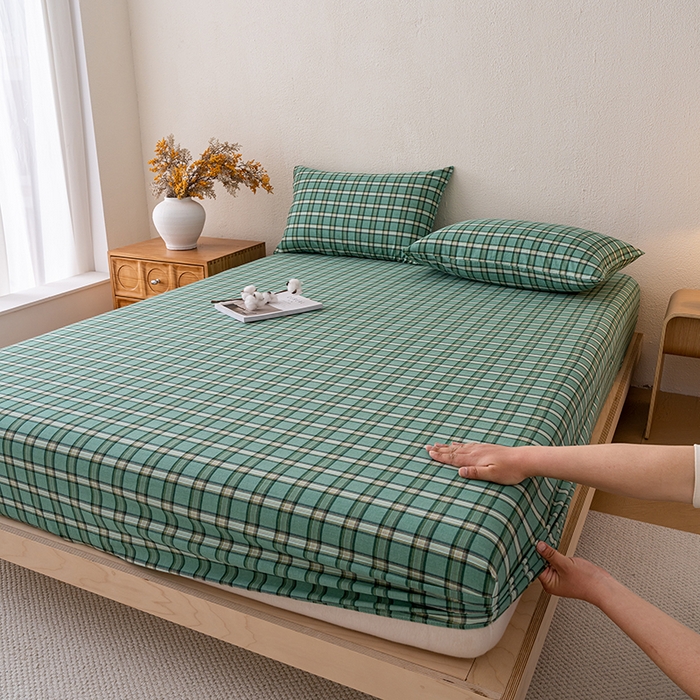 91家纺网 家纺一手货源 找家纺 吉象家纺 2025新款全棉色织水洗棉床笠三件套 新春绿