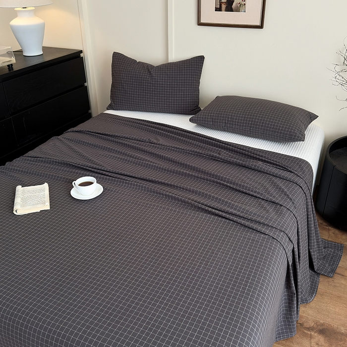 91家纺网 家纺一手货源 找家纺 吉象家纺 2025新款全棉色织水洗棉床单三件套 苏米深灰