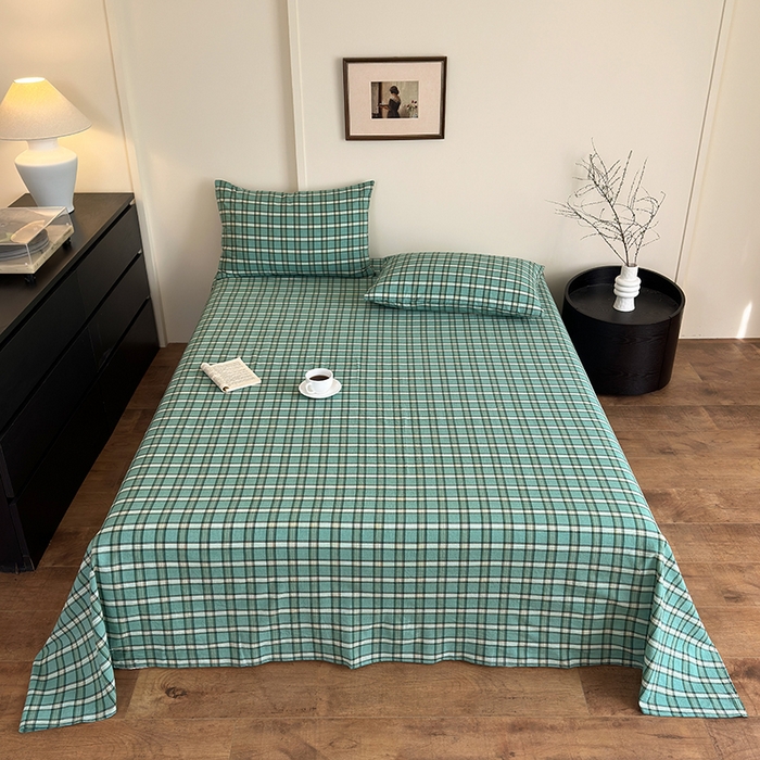 91家纺网 家纺一手货源 找家纺 吉象家纺 2025新款全棉色织水洗棉床单三件套 新春绿