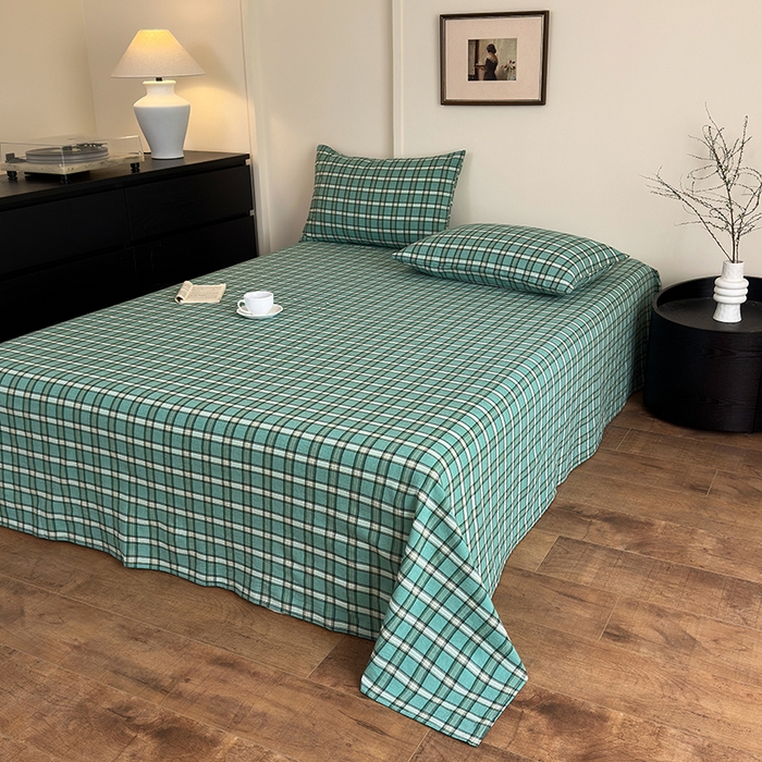 91家纺网 家纺一手货源 找家纺 吉象家纺 2025新款全棉色织水洗棉床单三件套 新春绿