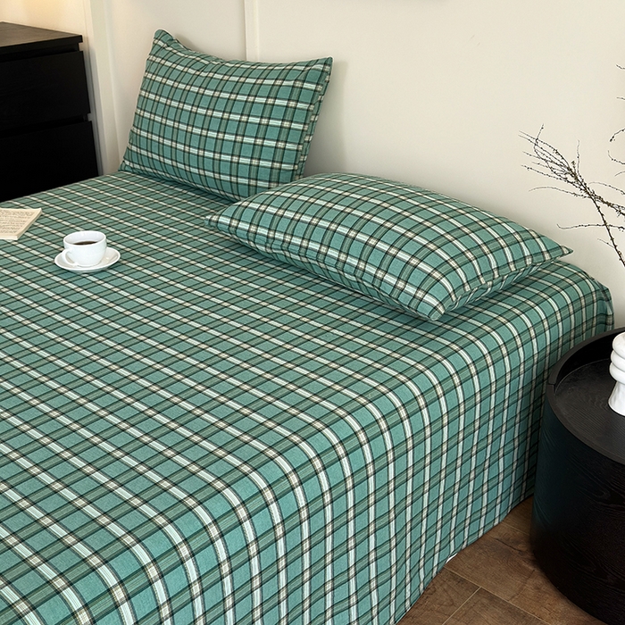 91家纺网 家纺一手货源 找家纺 吉象家纺 2025新款全棉色织水洗棉床单三件套 新春绿