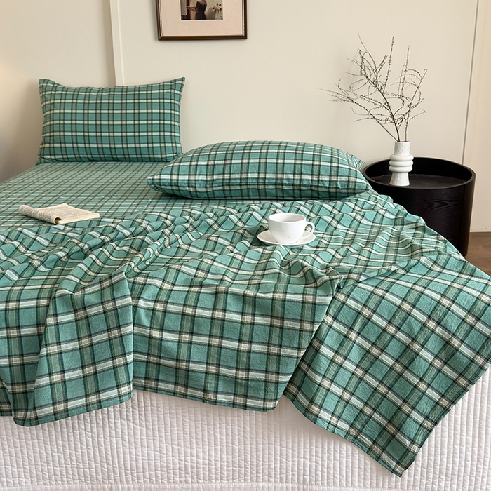 91家纺网 家纺一手货源 找家纺 吉象家纺 2025新款全棉色织水洗棉床单三件套 新春绿