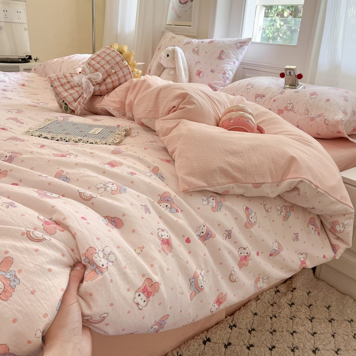 91家纺网 家纺一手货源 找家纺 海岛哥哥 2025新款高克重木棉提花双层纱四件套-风格二 顽皮乐乐