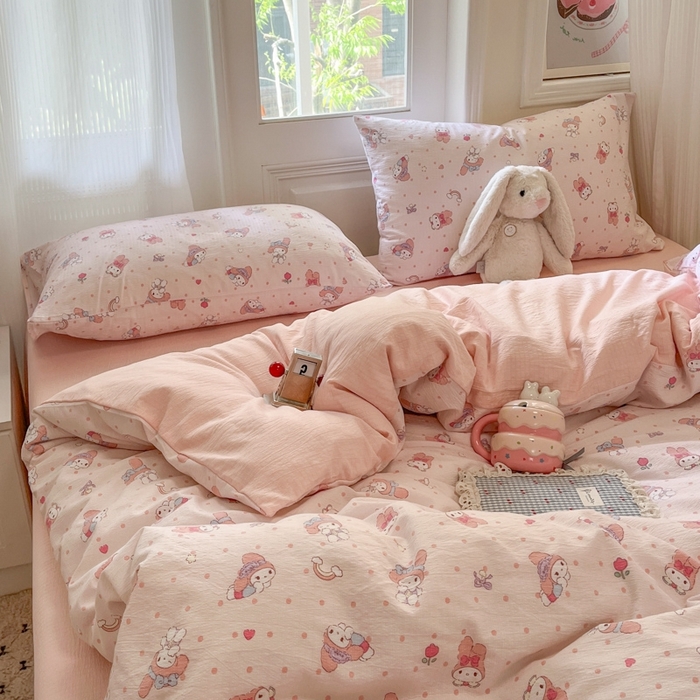 91家纺网 家纺一手货源 找家纺 海岛哥哥 2025新款高克重木棉提花双层纱四件套-风格二 顽皮乐乐