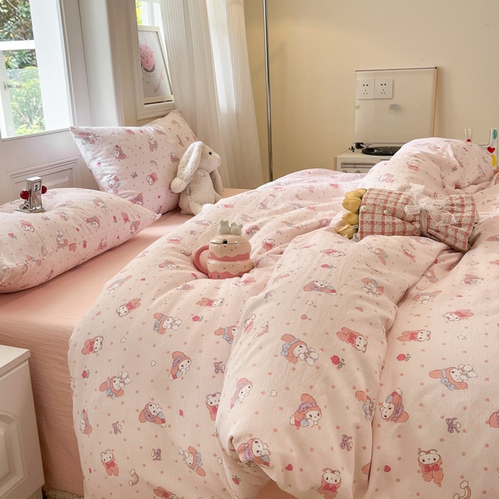 91家纺网 家纺一手货源 找家纺 海岛哥哥 2025新款高克重木棉提花双层纱四件套-风格二 顽皮乐乐