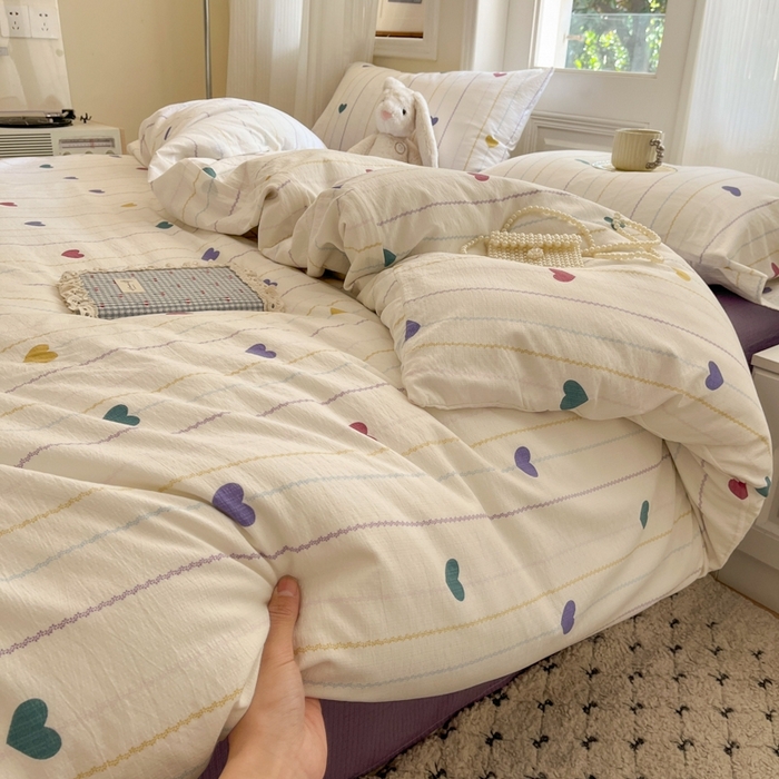 91家纺网 家纺一手货源 找家纺 海岛哥哥 2025新款高克重木棉提花双层纱四件套-风格二 小心心