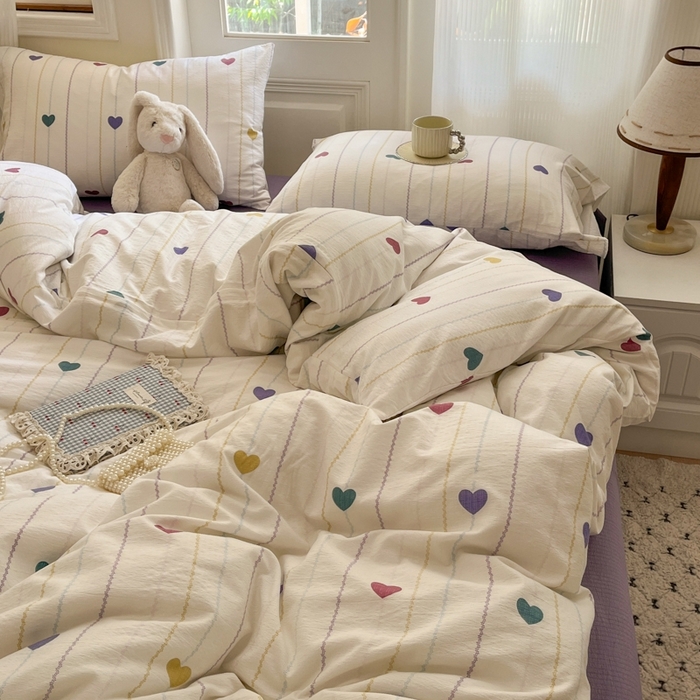 91家纺网 家纺一手货源 找家纺 海岛哥哥 2025新款高克重木棉提花双层纱四件套-风格二 小心心