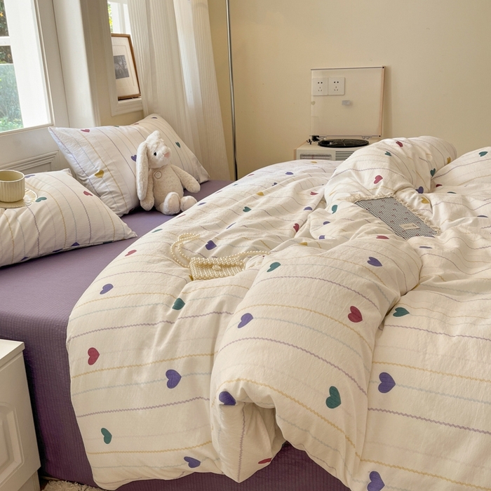 91家纺网 家纺一手货源 找家纺 海岛哥哥 2025新款高克重木棉提花双层纱四件套-风格二 小心心