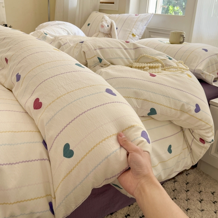 91家纺网 家纺一手货源 找家纺 海岛哥哥 2025新款高克重木棉提花双层纱四件套-风格二 小心心