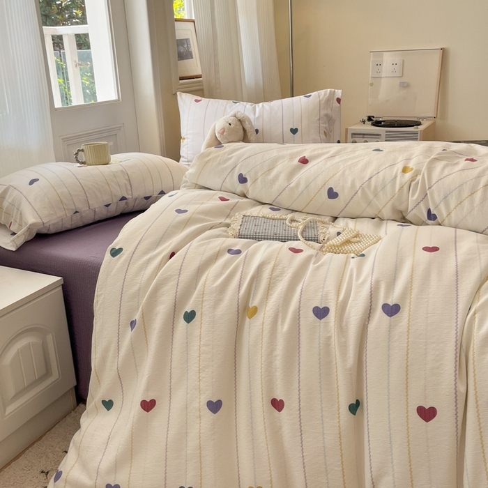 91家纺网 家纺一手货源 找家纺 海岛哥哥 2025新款高克重木棉提花双层纱四件套-风格二 小心心