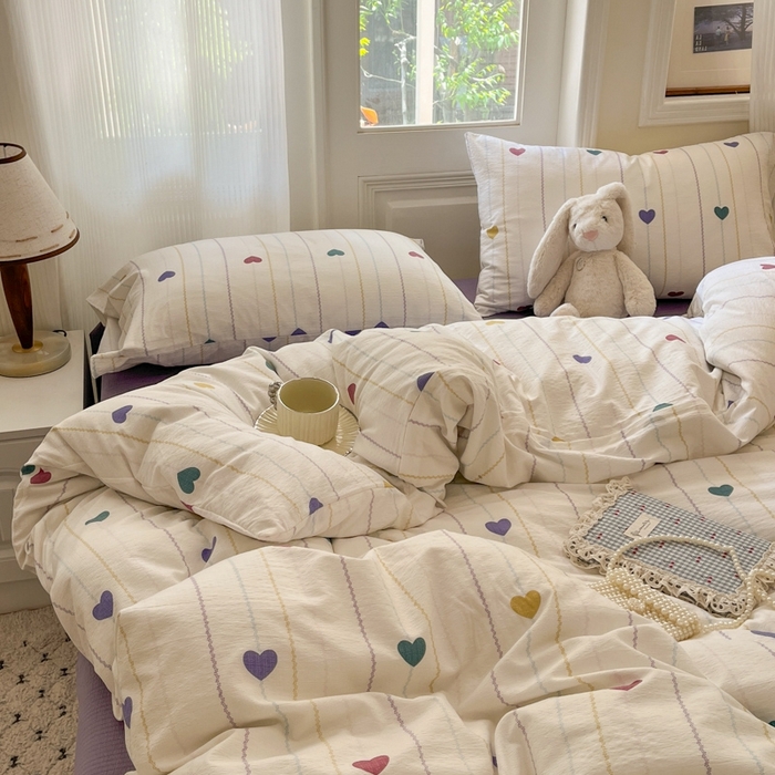 91家纺网 家纺一手货源 找家纺 海岛哥哥 2025新款高克重木棉提花双层纱四件套-风格二 小心心