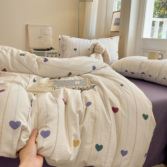 91家纺网 家纺一手货源 找家纺 海岛哥哥 2025新款高克重木棉提花双层纱四件套-风格二 小心心