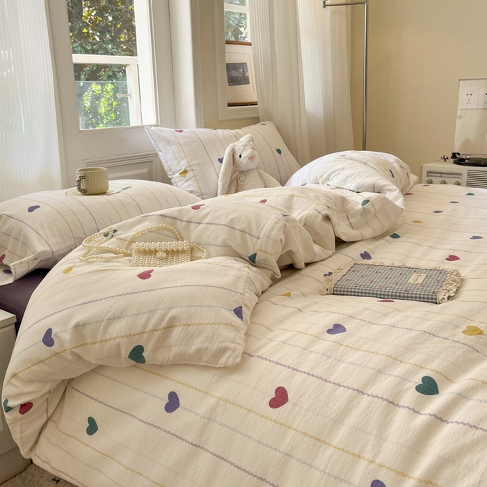 91家纺网 家纺一手货源 找家纺 海岛哥哥 2025新款高克重木棉提花双层纱四件套-风格二 小心心