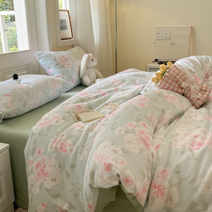 91家纺网 家纺一手货源 找家纺 海岛哥哥 2025新款高克重木棉提花双层纱四件套-风格二 嫣然花语