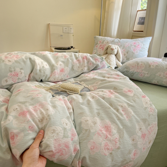 91家纺网 家纺一手货源 找家纺 海岛哥哥 2025新款高克重木棉提花双层纱四件套-风格二 嫣然花语