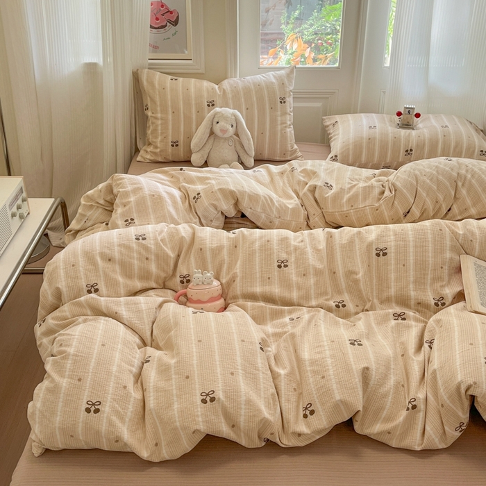 91家纺网 家纺一手货源 找家纺 海岛哥哥 2025新款高克重木棉提花双层纱四件套-风格二 樱桃点点