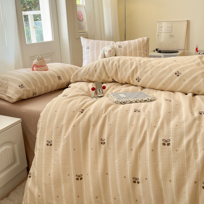 91家纺网 家纺一手货源 找家纺 海岛哥哥 2025新款高克重木棉提花双层纱四件套-风格二 樱桃点点