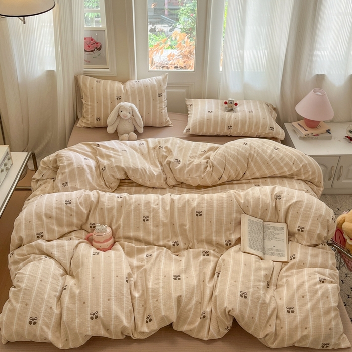 91家纺网 家纺一手货源 找家纺 海岛哥哥 2025新款高克重木棉提花双层纱四件套-风格二 樱桃点点