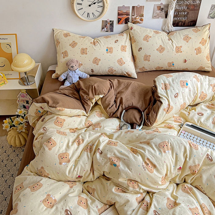 91家纺网 家纺一手货源 找家纺 沐芷 2025 A类水洗棉印花四件套卡通简约床单三件套宿舍 【提供买家秀】 棕咖熊宝