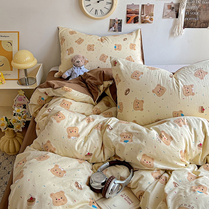 91家纺网 家纺一手货源 找家纺 沐芷 2025 A类水洗棉印花四件套卡通简约床单三件套宿舍 【提供买家秀】 棕咖熊宝