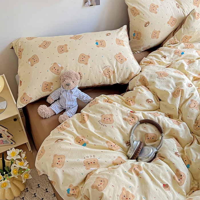 91家纺网 家纺一手货源 找家纺 沐芷 2025 A类水洗棉印花四件套卡通简约床单三件套宿舍 【提供买家秀】 棕咖熊宝