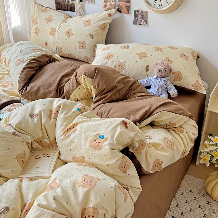 91家纺网 家纺一手货源 找家纺 沐芷 2025 A类水洗棉印花四件套卡通简约床单三件套宿舍 【提供买家秀】 棕咖熊宝