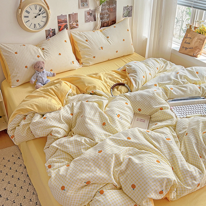 91家纺网 家纺一手货源 找家纺 沐芷 2025 A类水洗棉印花四件套卡通简约床单三件套宿舍 【提供买家秀】 格子橘