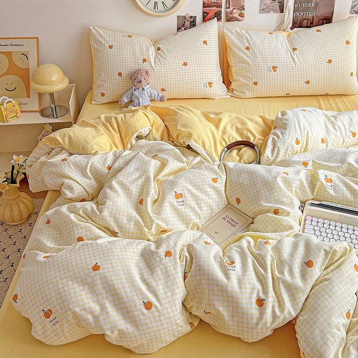 91家纺网 家纺一手货源 找家纺 沐芷 2025 A类水洗棉印花四件套卡通简约床单三件套宿舍 【提供买家秀】 格子橘